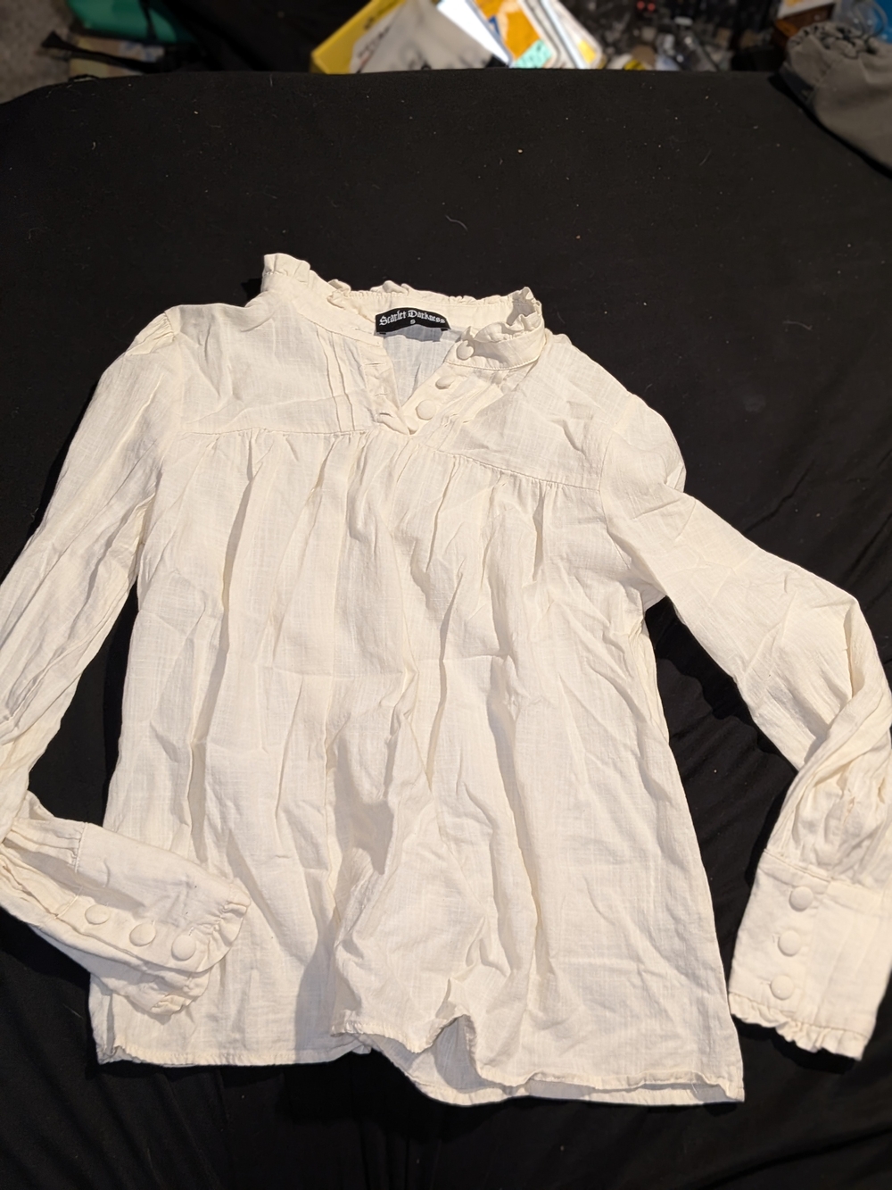 Ruffled V-Neck Long Sleeve Blouse in Cream